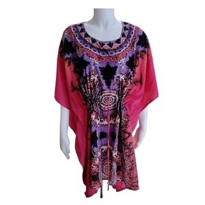 California Woman Pink Purple Boho Mandala Kaftan Tunic Top CT-29 Free Size NWT
